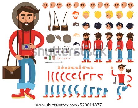 Man constructor. Man with photograph and bag. Separate part of male person. Icons with different emotions on face. Various types of faces. Front, side, back view of man. Bended hands, legs. Vector