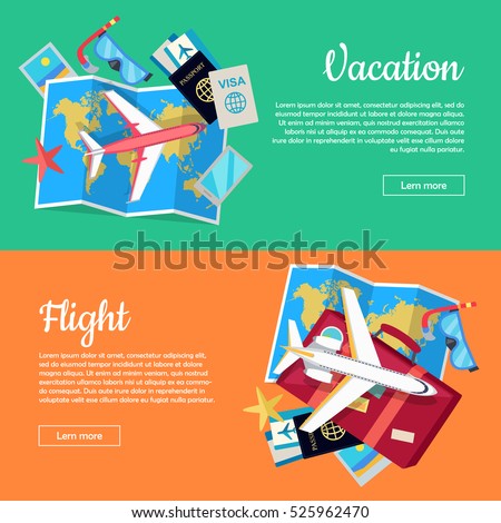 Vacation and flight web banners. Aircraft, luggage, world map, air tickets, passport, visa, diving mask, phone, starfish flat vectors. For travel agency, airline company landing page design
