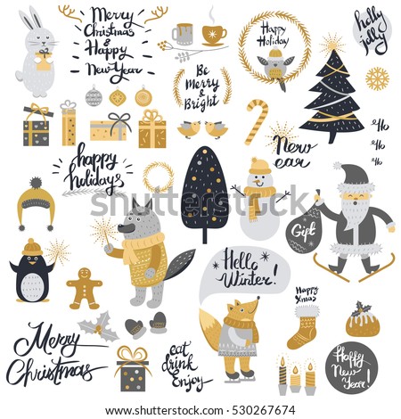 Christmas set with cartoon New Year characters. Collection of xmas elements for greeting card design in silver and golden colors. Forest animals, mottos, winter holiday objects in retro style. Vector