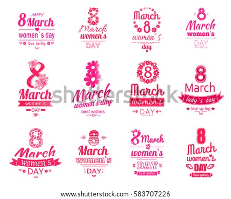 Happy 8 March women day posters set. Love spring holiday. Best wishes for mothers, adorable daughters, lovely sisters. Vector set of logotypes and stickers for international holiday celebration