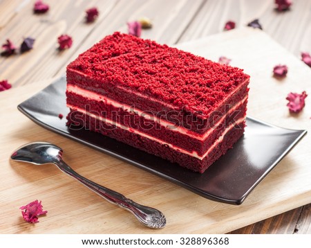 Red velvet cake on wood board