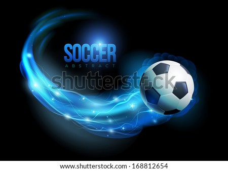 Soccer ball in flames and lights against black background. Vector illustration.