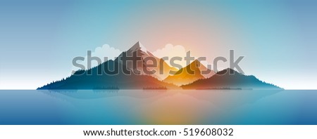 Mountains and forest. Vector island landscape illustration. Elements are layered separately in vector file.