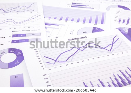 purple graphs, charts, data and report summarizing for marketing research, management budget and planning business project