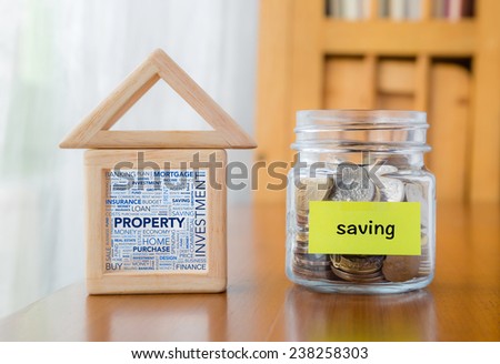 Saving label on money jar and wooden home  blocks with investment property word cloud