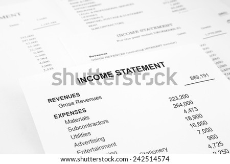 Income statement reports with detail list of revenues and expenses for finance and business accounting concept, black and white tone image