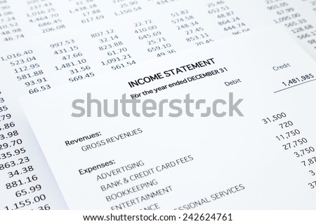 Income statement with detail list of revenues and expenses, accounting concept for small business, black and white tone image