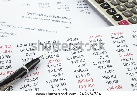 Detail list of income and expense reports with income statement on background, concept for business accounting