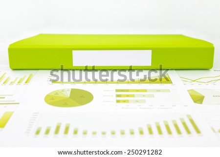 Blank label of green document file with chart, analytic graph and educational reports