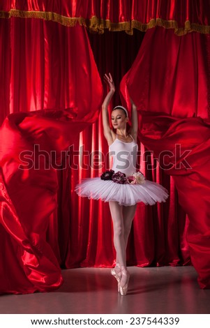 performance of professional dancers on stage with red curtain