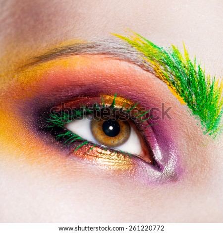 female eye with bright makeup closeup