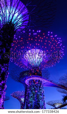 SINGAPORE - JANUARY 31: Night view at Garden by the Bay super tree groove January 31, 2014 in Singapore. Spanning 101 hectares of reclaimed land in central Singapore, adjacent to Marina Reservoir.