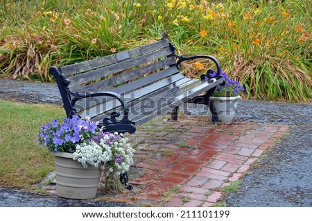 Old wooden bench in rainy flower garden