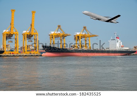 a flying plane  and a freight ship on transport background