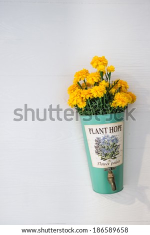 flower pot with yellow flowers hanging on a house wall