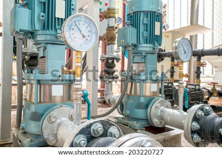 Industrial motor pump with Pressure Gauges in factory