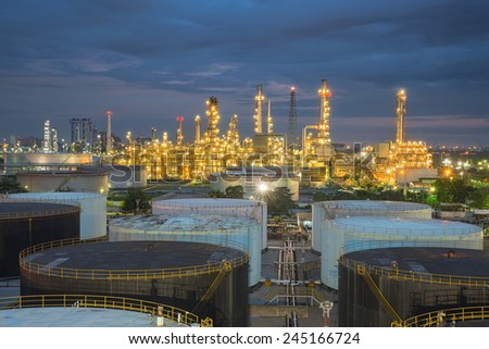 Oil refinery and storage tanks at twilight