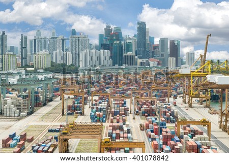 Import, Export, Logistics concept - Panoramic top view on Singapore harbor with Singapore city background. Singapore is a global commerce, finance and transport hub.