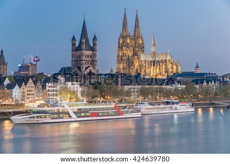Aerial view Cologne over the Rhine River with cruise ship in Cologne, Germany.