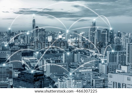 Network business conection concept - Network business conection system on cityscape background