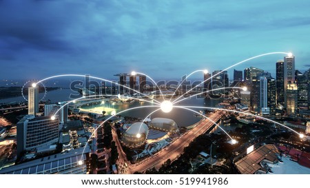 Network business conection system on Singapore smart city scape in background.Network business conection concept