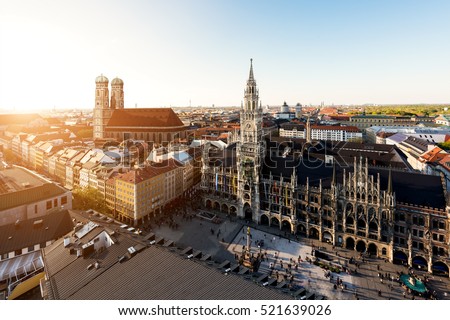 Aerial view on Munich old town hall or Marienplatz town hall and Frauenkirche in Munich, Germany