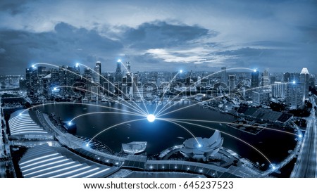 Network business connection system on Singapore smart city scape in background.Network business connection concept