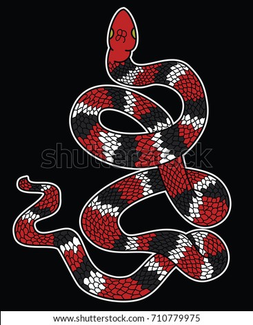Lampropeltis triangulum vector.Sticker and hand drawn snake for tattoo.Red snake Reptile on black background.
