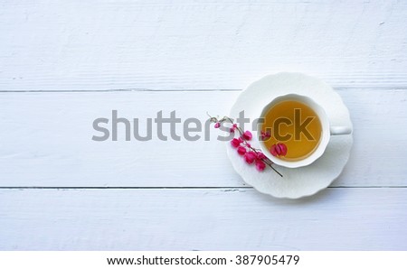 Closeup of cup of tea on wooden table with blur background. Flat lay.still life with tea cup.