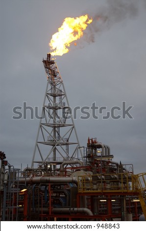 Flame tower over production area on offshore oil rig