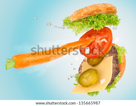 Carrot hitting hamburger. Change your diet habits