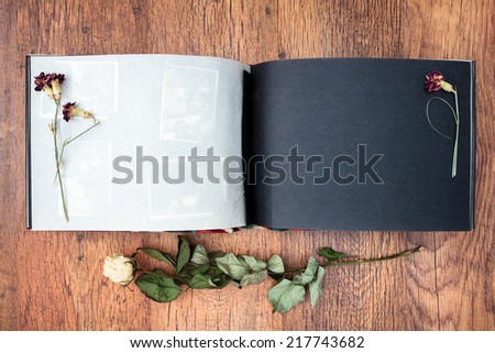 Top view of open photo album book with withered rose next to this