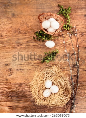 Easter natural composition  on a wooden table with space for text