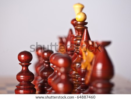 Chess pieces on board (focus on center pawn)