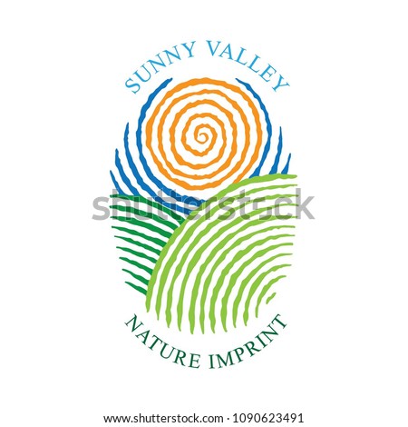 Sunny Valley logotype in fingerprint style.\
Sunny Valley Hand drawn illustration.\
Nature, meadows, sun and sky.
