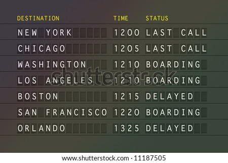 Airport flight information board showing USA destinations. Computer generated illustration.