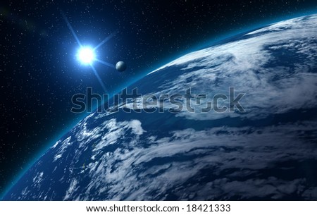 Blue earth, ocean view - with sun moon and starry background.