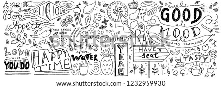 Kitchen doodle pattern, cafe template design. Sketchy food, kitchen wall art. Restaurant wall doodle. Vector food art.