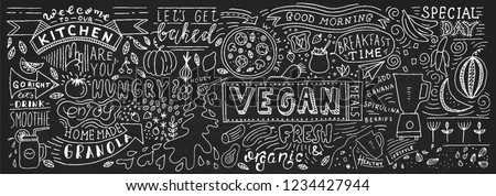 Chalkboard Doodle Food Banner. Cafe template design. Restaurant wall typography. Vector food chalk.