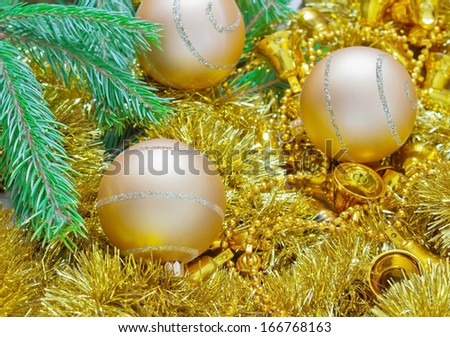 beautiful bright christmas balls, garlands and spruce branches