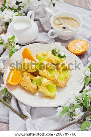 delicious scones with jam, coffee and fruit on the table