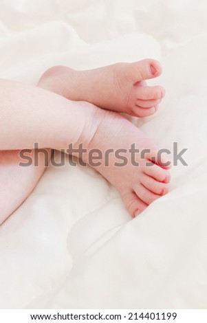 little feet of newborn baby sleeping peacefully. copy space background