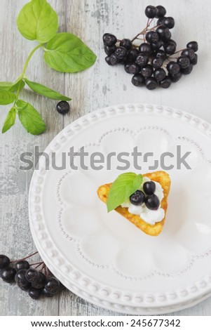canape with cottage cheese and black berries of mountain ash in a plate and fresh mint leaves on a white wooden background. light sweet snack. healthy breakfast