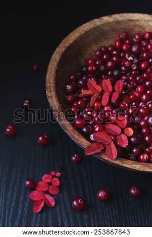 ripe cranberries in a wooden bowl on a black wooden background. health and diet food