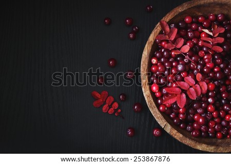 ripe cranberries in a wooden bowl on a black wooden background. health and diet food. copy space background