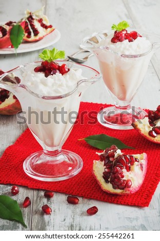 cottage cheese dessert with ripe pomegranate seeds in a beautiful ice-cream bowls on the table. health and diet food. healthy breakfast
