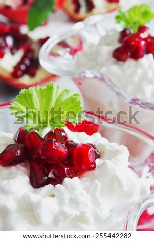 cottage cheese dessert with ripe pomegranate seeds in a beautiful ice-cream bowls on the table. close-up. healthy breakfast.health and diet food