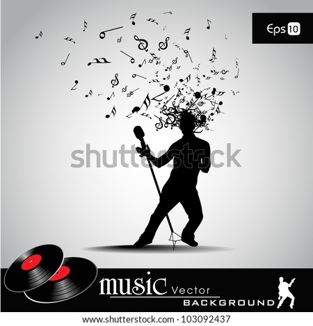 Party banner flyer or poster with a guy silhouette and microphone on musical notes background EPS 10 can be use as banner tag icon sticker flyer or poster Party banner flyer or poster with a guy silhouette and microphone on musical notes background EPS 10 can be use as banner tag icon sticker flyer or poster