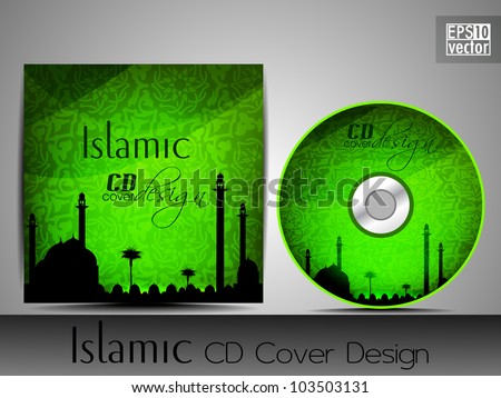 Islamic CD cover design with Mosque or Masjid silhouette in green color and floral patterns. EPS 10. Vector illustration.