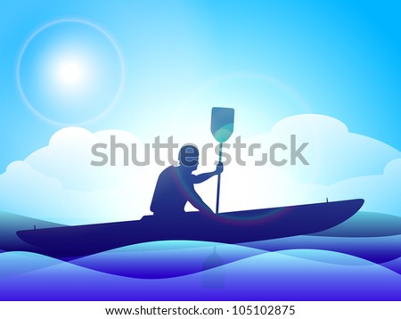 Silhouette of a man doing kayaking on beautiful evening background. EPS 10.